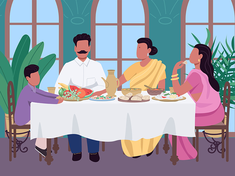 Indian family meal flat color vector illustration