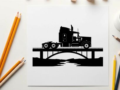 Silhouette of a semi truck on a bridge over a river