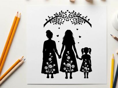 Mother and daughters silhouette under a tree with flowers