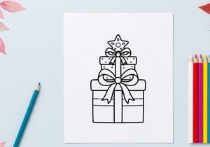 Ilustração de arte vetorial de caixas de presente de Natal com laços e enfeites em estrela para página de colorir