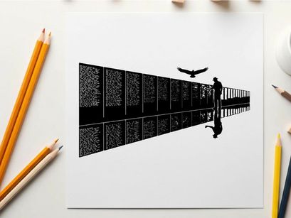 Silhouette of a man walking along a reflective metal fence with a bird flying