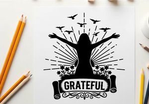 Silhouette of a woman expressing gratitude with birds and flowers