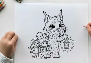 Cute lynx with kids holding lantern vector illustration
