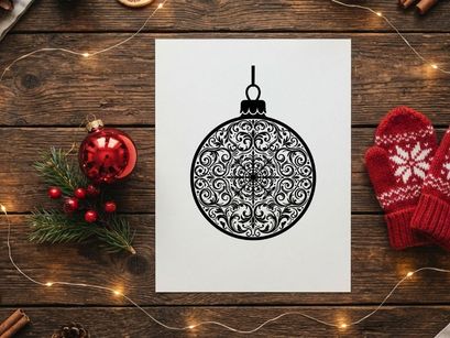 Black and white Christmas bauble ornament with intricate floral filigree pattern design.