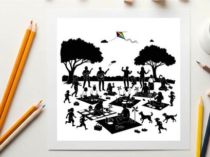 Silhouette of people and dogs in a park with trees and a kite