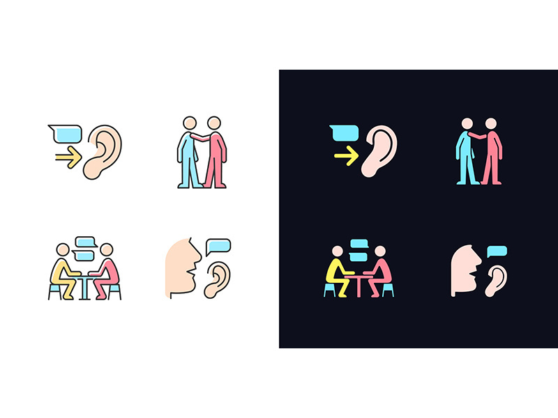 Verbal and nonverbal communication light and dark theme RGB color icons set
