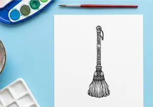 Hand-drawn vintage broom illustration for cleaning and home decor. Classic witch-style besom sketch with rustic texture and minimalist design.