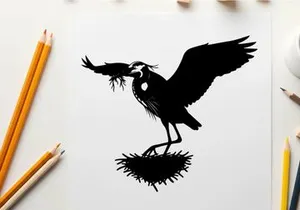 Silhouette of a bird building nest with twigs and branches