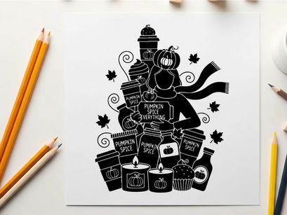 Silhouette of a woman surrounded by fall items and pumpkin spice latte