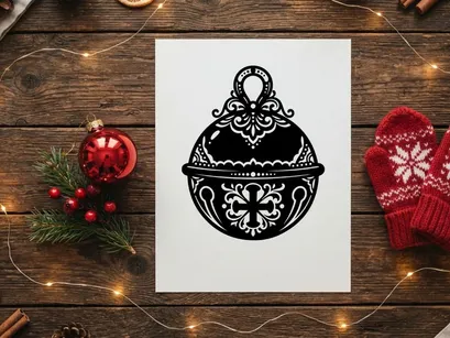 Decorative Christmas jingle bell icon with ornate filigree pattern on white background.