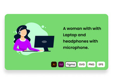 A woman with with laptop and headphones with microphone.