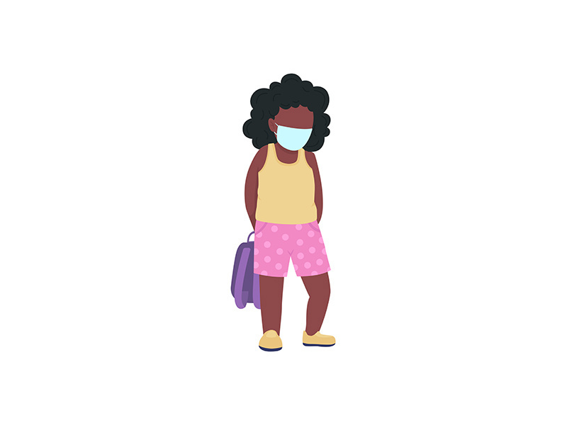 African american kindergarten girl in medical mask flat color vector faceless character