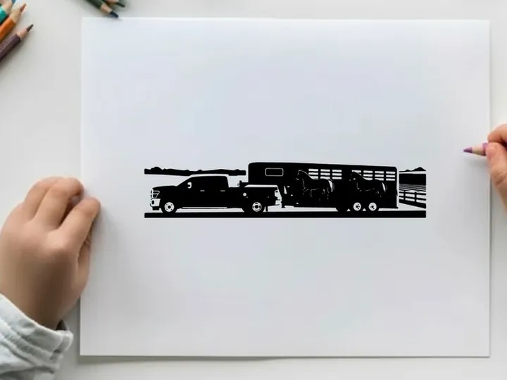 Silhouette of a pickup truck towing a horse trailer