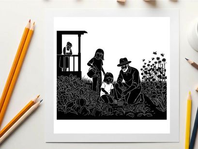 Silhouette of family planting in a field with a child watching from a porch