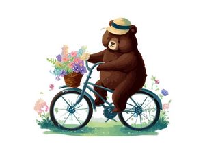 Bear riding a bike in floral countryside road, isolated in white background.