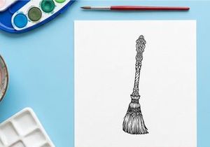 Hand-drawn vintage broom illustration with intricate floral handle design. Classic cleaning tool sketch for retro or rustic home decor themes.