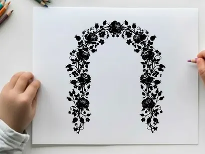 Silhouette of a floral archway with roses and leaves