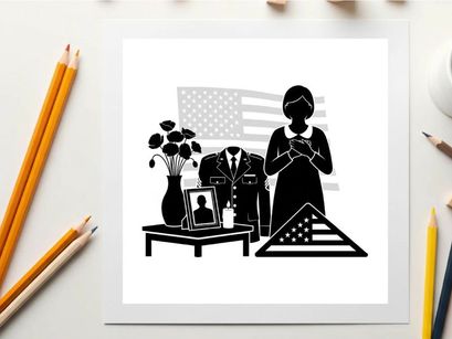 Mourning silhouette of woman at a military funeral service with american flag