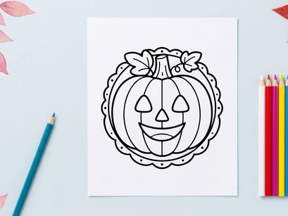 Hand-drawn Halloween pumpkin jack-o-lantern illustration. Vintage style spooky carved face with floral wreath decoration.
