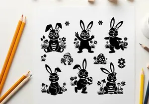 Silhouette of six adorable bunnies in flowers and butterflies