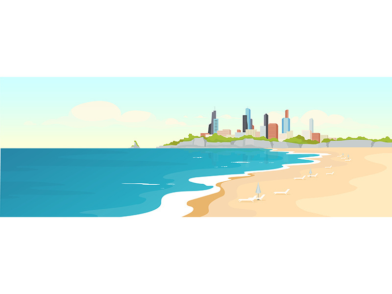 Sandy urban beach flat color vector illustration