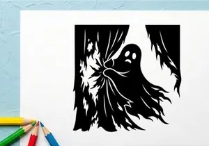 Silhouette of a spooky ghost with flowing hair and haunting eyes