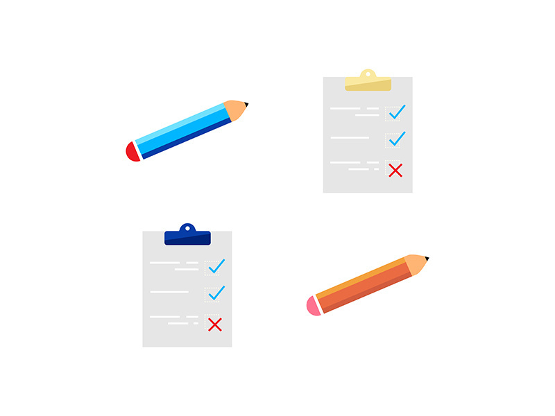 Checklist and pencil flat color vector objects set