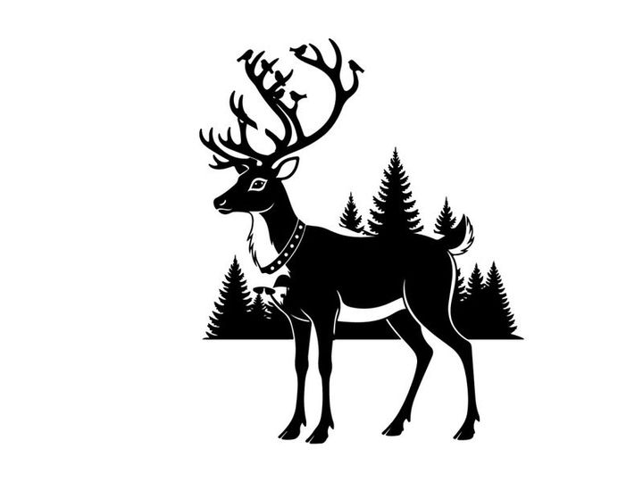 Reindeer silhouette with bells and christmas trees background