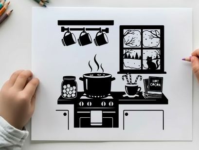Silhouette of a cozy kitchen with hot cocoa