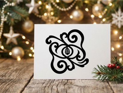 Black pine cone silhouette with elegant floral scrollwork and decorative swirl ornament