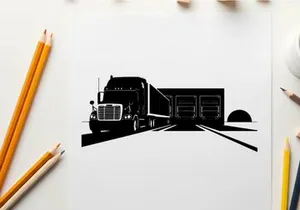 Silhouette of a semi truck driving into a warehouse at night