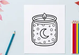 Candle in a jar coloring page. Cute moon and stars illustration for kids activity.