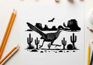 Desert scene with roadrunner in silhouette desert landscape