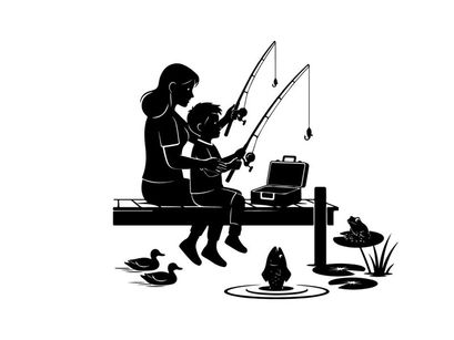 Silhouette of woman and child fishing by serene lake
