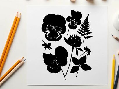Silhouette of various flowers and leaves on white background