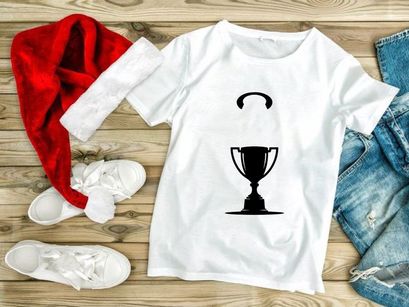 A trophy cup with a headset floating above it in a simple black silhouette graphic design