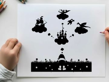 Whimsical silhouette of fantasy world with castle and flying creatures preview picture