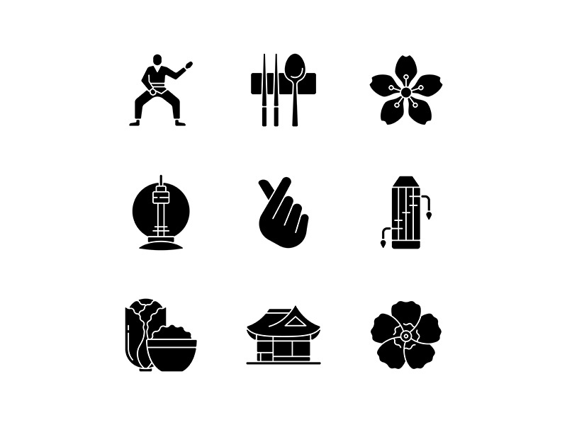 Korean culture black glyph icons set on white space