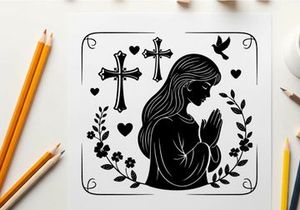 Praying silhouette of a woman with flowers and crosses