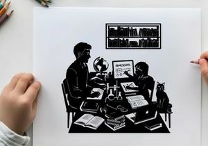 Silhouette of two people working at a desk with silhouette cat