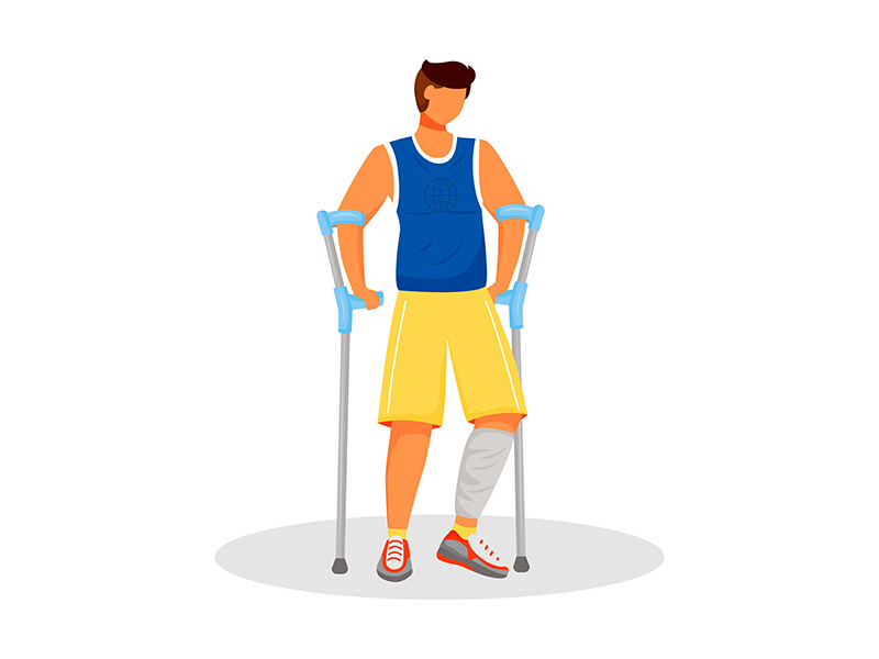 Man with crutches flat color vector faceless character