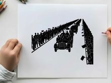 Silhouette of a military parade with soldiers and vehicles