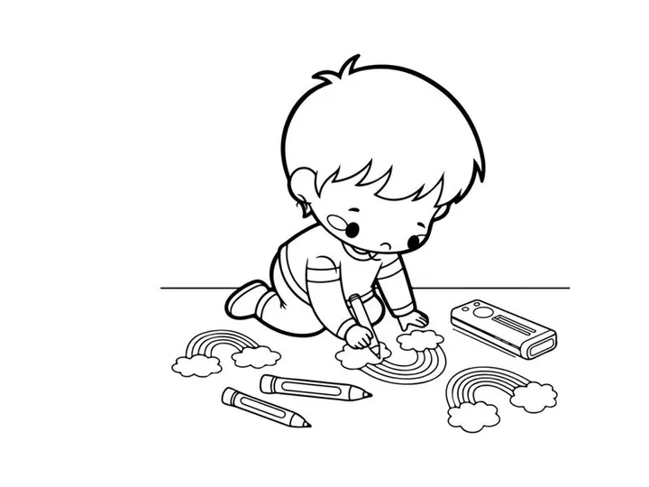 Cute baby drawing with crayons vector illustration flat design