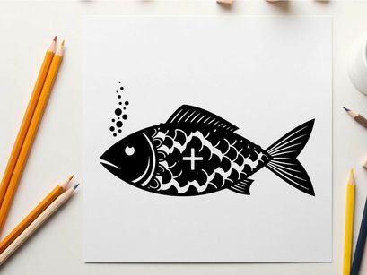 Black silhouette fish with cross on side swimming left