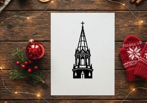 Black silhouette of a church steeple with a cross isolated on a white background.