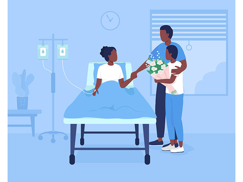 Family support during hospitalization flat color vector illustration