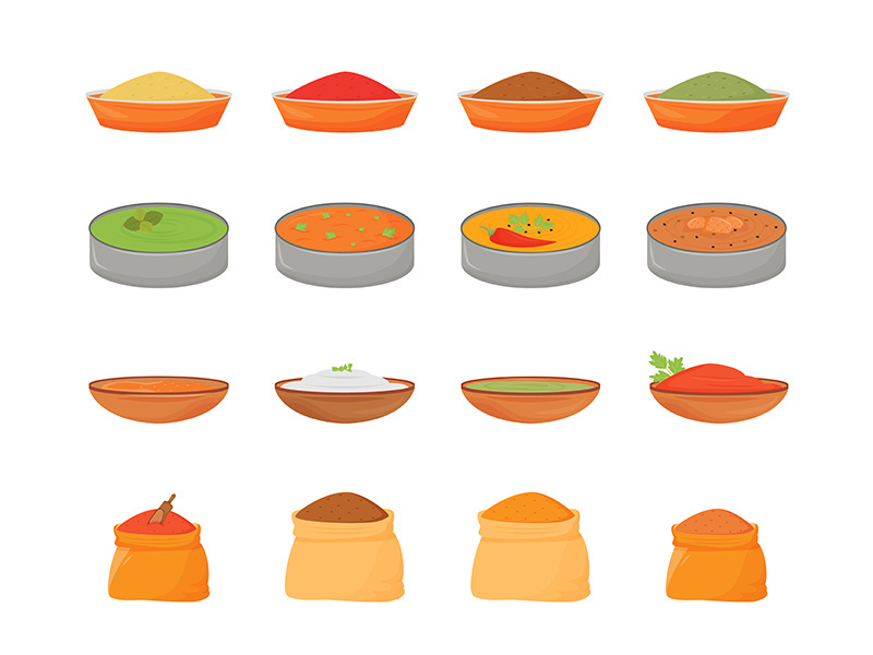 Indian meals and spices flat color vector objects set