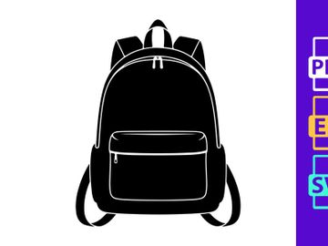 Front View of a Modern Backpack with a Zippered Front Pocket and Straps, Symbolizing School, Travel, and Outdoor Adventures. Black and White Vector. preview picture