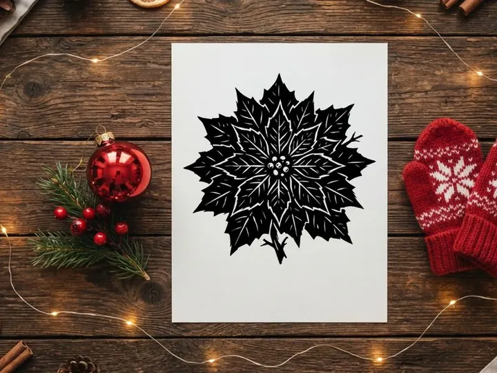 Black and white poinsettia flower illustration for Christmas holiday design
