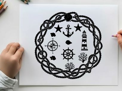 Nautical silhouette with anchors and rope border silhouette